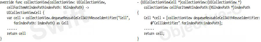 使用UICollectionView的dequeueReusableCellWithReuseIdentifier:forIndexPath:方法獲得可重用的單元格，模式代碼